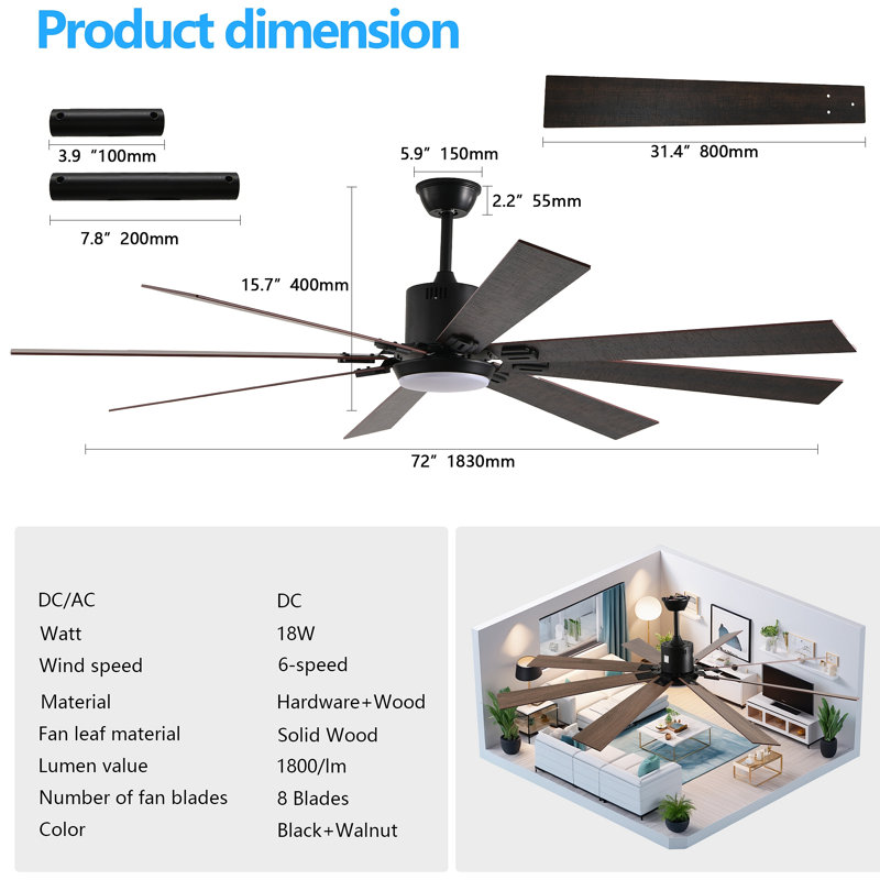Ventilateur de plafond à DEL avec 8 pales en bois, télécommande, température de couleur réglable pour le salon, la chambre à coucher ou la salle à manger (silencieux / 6 vitesses / réversible / moteur à courant continu)