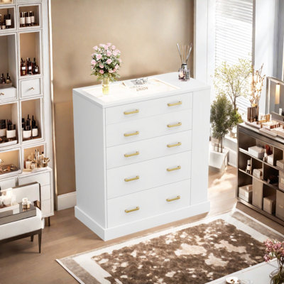 Drawer Dresser with Open Side Storage & LED Lights, 5 Drawers Cabinet with Tempered Glass Top and Jewelry Organizer, Wardrobe Closet Island, Ideal for Livingroom,Bedroom, White