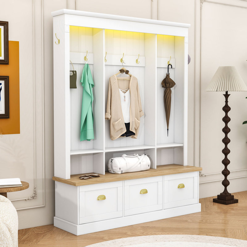 Wood Hall Tree with APP-Controlled LED Strip, Hooks, Flip-Down Cabinets and Shelves, White