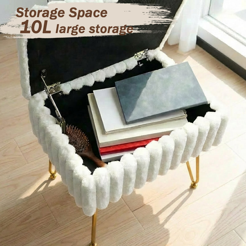17.3" Rectangular Faux Fur Vanity Stool with Storage, Metal Legs, Dressing Bench for Makeup Room and Bedroom, White