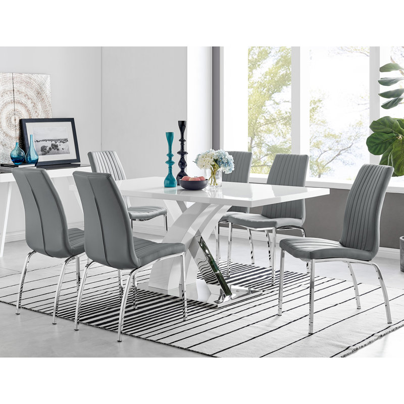 Edzard Chrome & White High Gloss Dining Table Set with 6 Luxury Faux Leather Dining Chairs, Elephant Gray