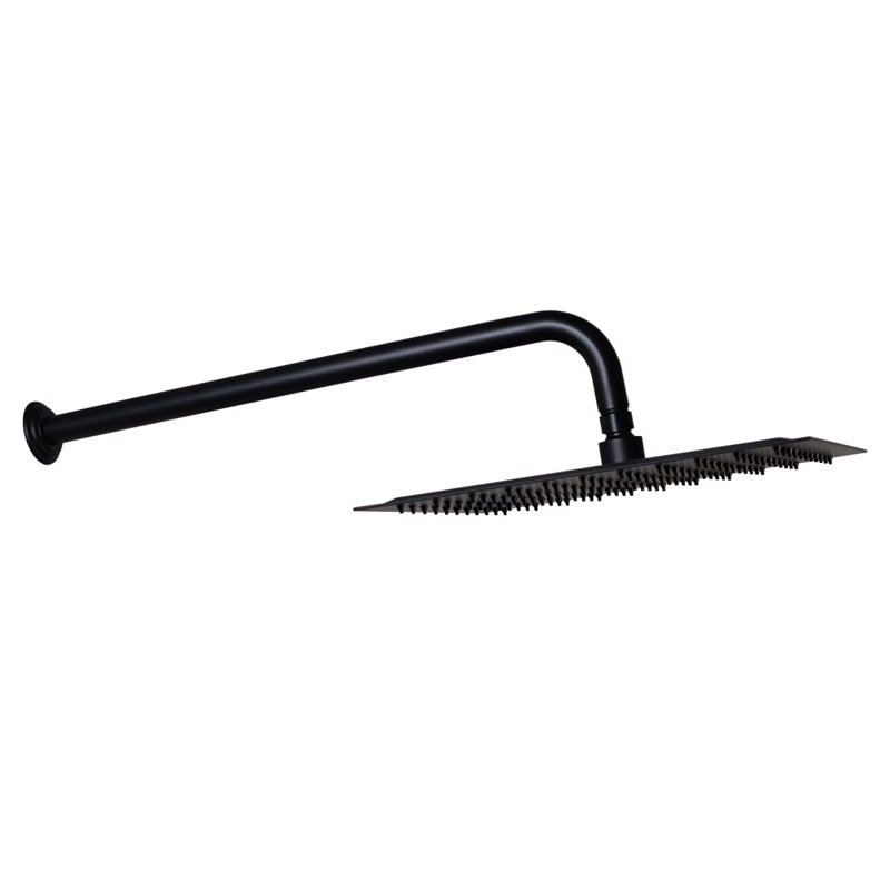 12" Square Thin Rainfall Shower Head with 1/2" IPS x 10" IPS Wall Mount 90-Degree Arm and Flange, Matte Black