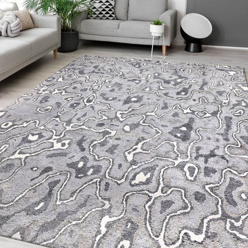 Abstract Area Rug in White, Rectangle 8' x 10'