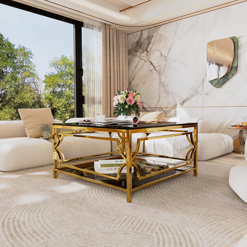 Table basse carrée en verre de 33,5 po, cadre géométrique luxueux, finition dorée et tablette inférieure