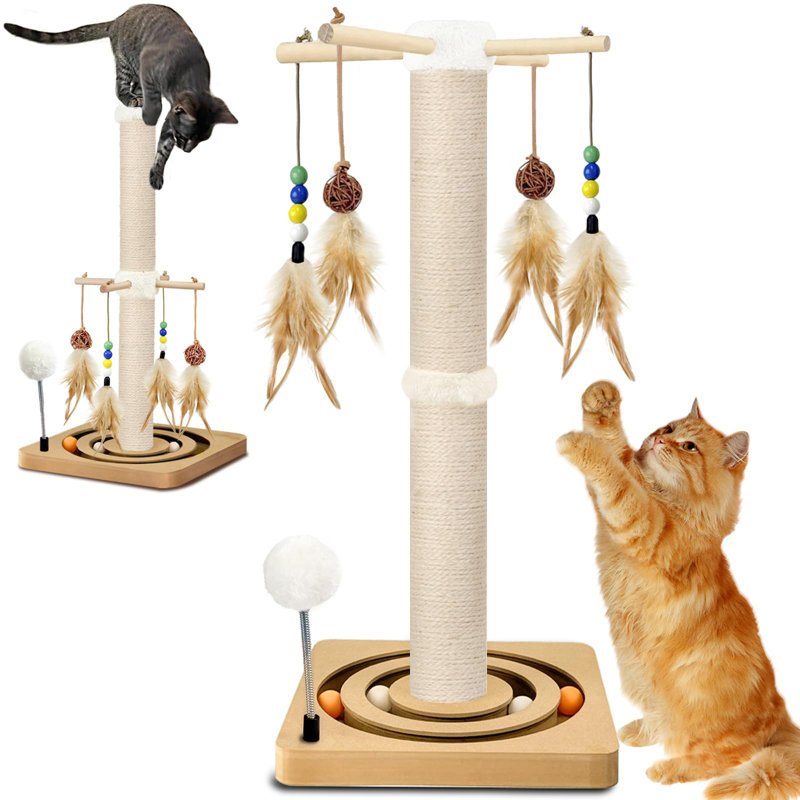 Cat Scratching Post, Sisal Scratching Posts For Indoor Cats Adults, 2 Mounting Methods Cat Scratcher With Hanging Ball And Interactive Toys For Kitten Cats, 25 Inches