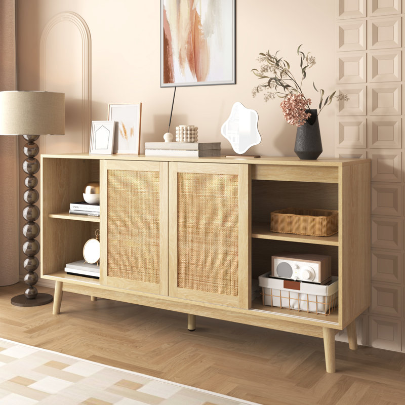 Buffet moderne Opaline de 61 pouces avec 3 portes coulissantes en rotin et 2 tiroirs