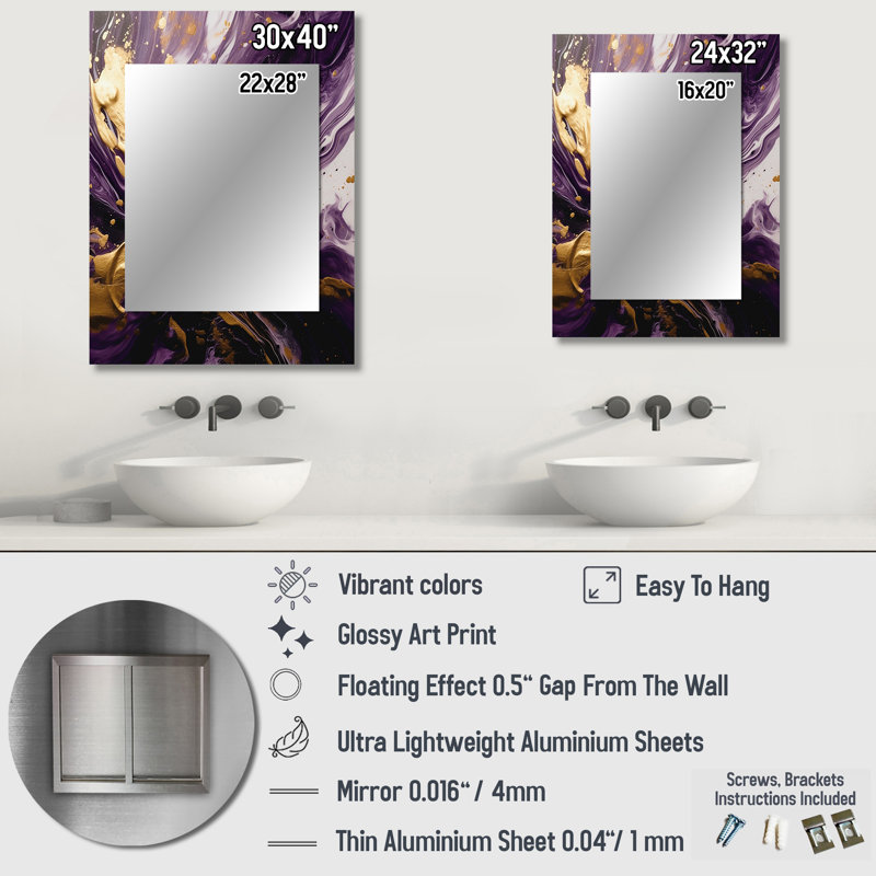 Purple and Gold Liquid Magic I - Abstract Decorative Mirror, Purple Large Wall Mirror, Printed Metal Art, 40" x 30"