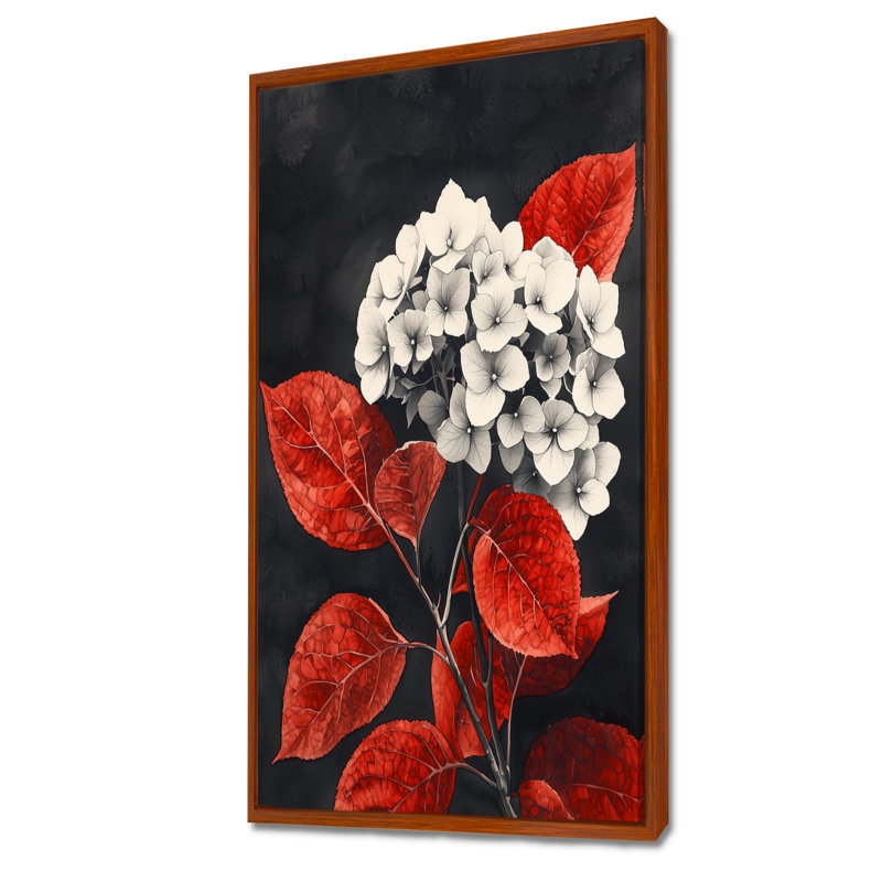 Hortensias monochromes avec feuilles rouges II - hydrangées grand art mural, H 60 po x l 28 po, Brun