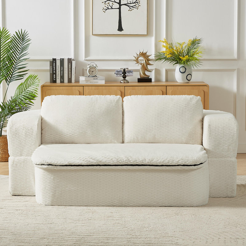 74.8" Upholstered Convertible Futon Sofa Bed, Compression Floor Sleeper Loveseat Couch, Cream