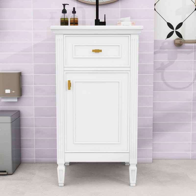Meuble-lavabo en bois avec tiroir de rangement, tablettes et lavabo, Blanc