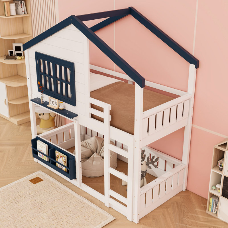 Wood Bunk Bed With Bookshelf, Twin, White/Blue