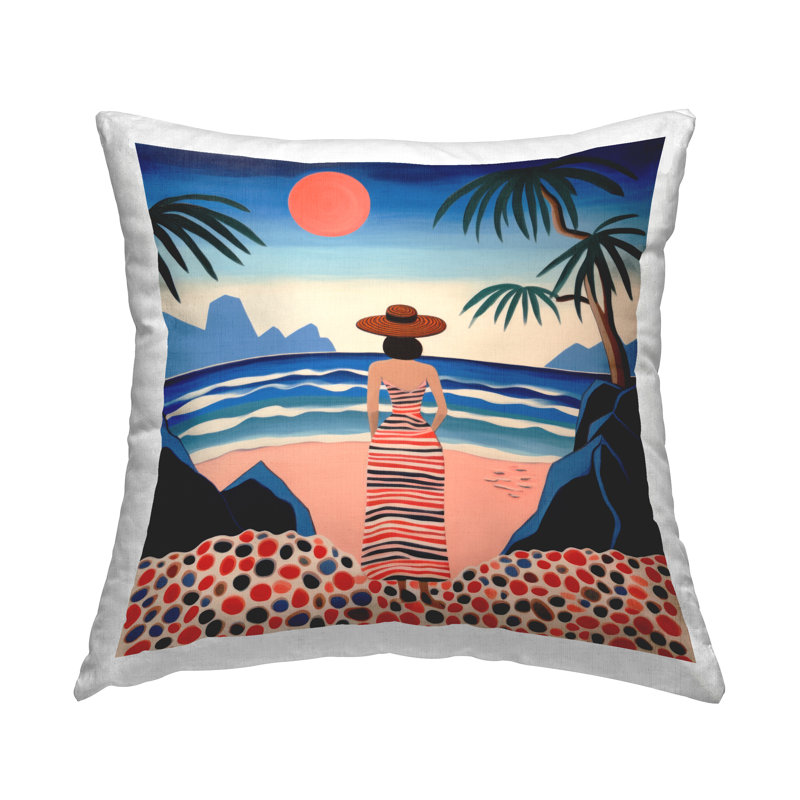 Coussin décoratif à motif féminin sur la plage par Lazar Studio