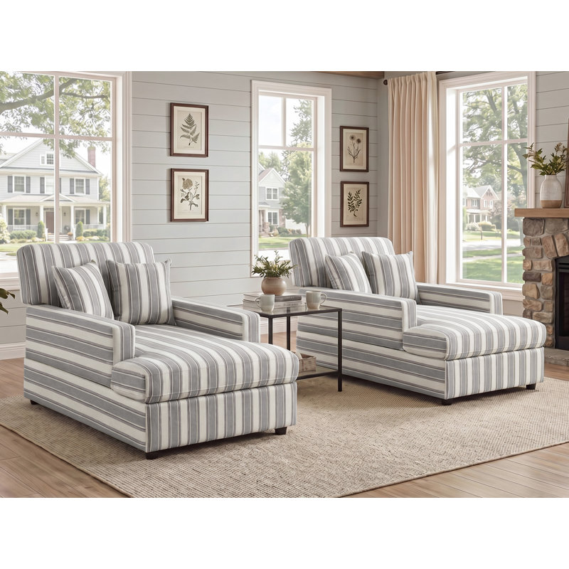 Ensemble de 2 chaises longues rembourrées l 37 po Monroeville, Grey Stripe Linen