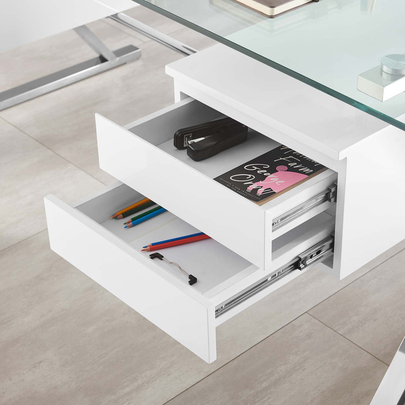 Elegant 71" White Glass Desk with Floating Drawers & Steel Frame