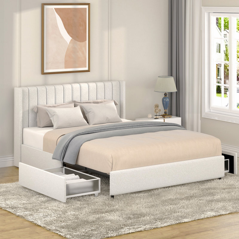 Lit plateforme tapissier grand avec 2 tiroirs, tête de lit capitonnée, support de matelas à lattes en bois, pas de sommier tapissier requis