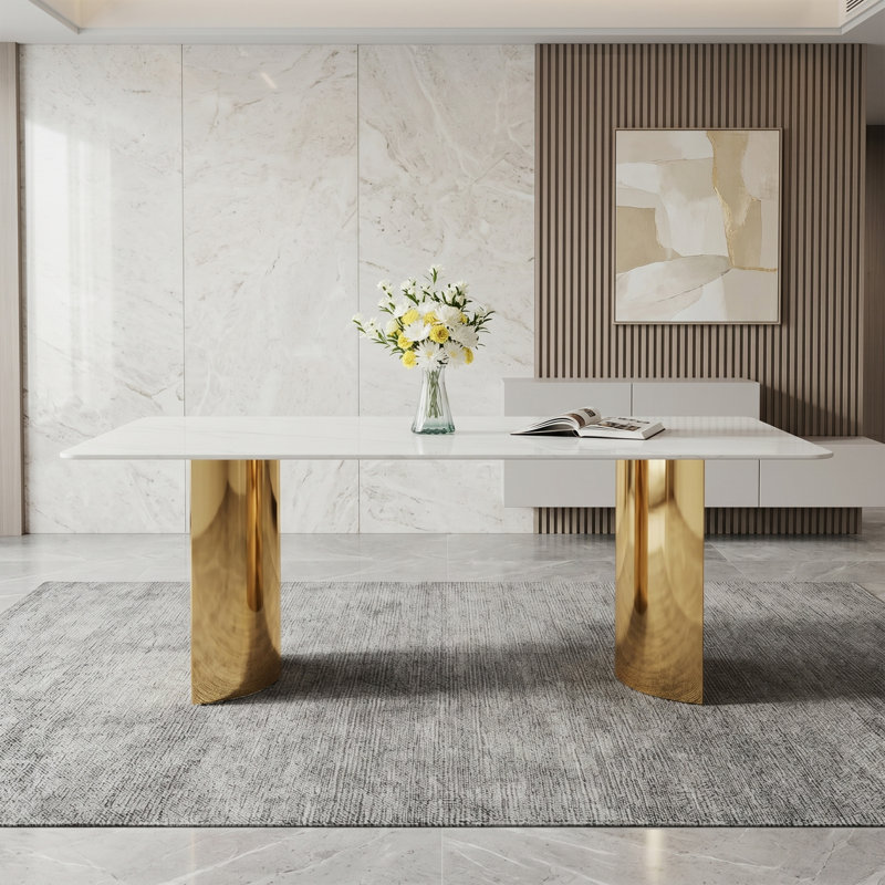 Maghan Metal Base Dining Table, 39.32" W x 71.01" L, White, Gold