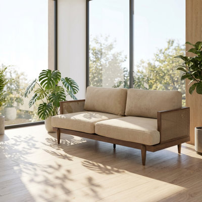 Square Arm 3-Seater Velvet Upholstered Sofa with Cane Rattan Accents and Sturdy Wooden Frame, Comfortable High Rebound Cushion Seating