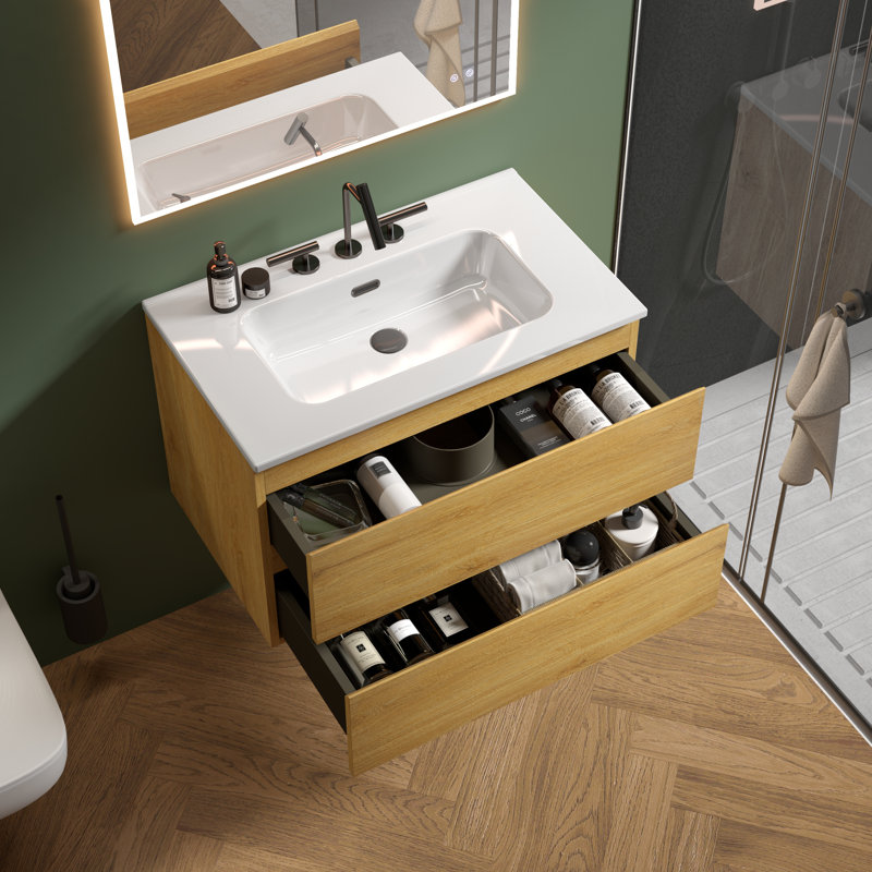 Derrance 30 Inch Single Bathroom Vanity with Ceramic Top with Overflow, Pre-Assembled, Yellow, 30"