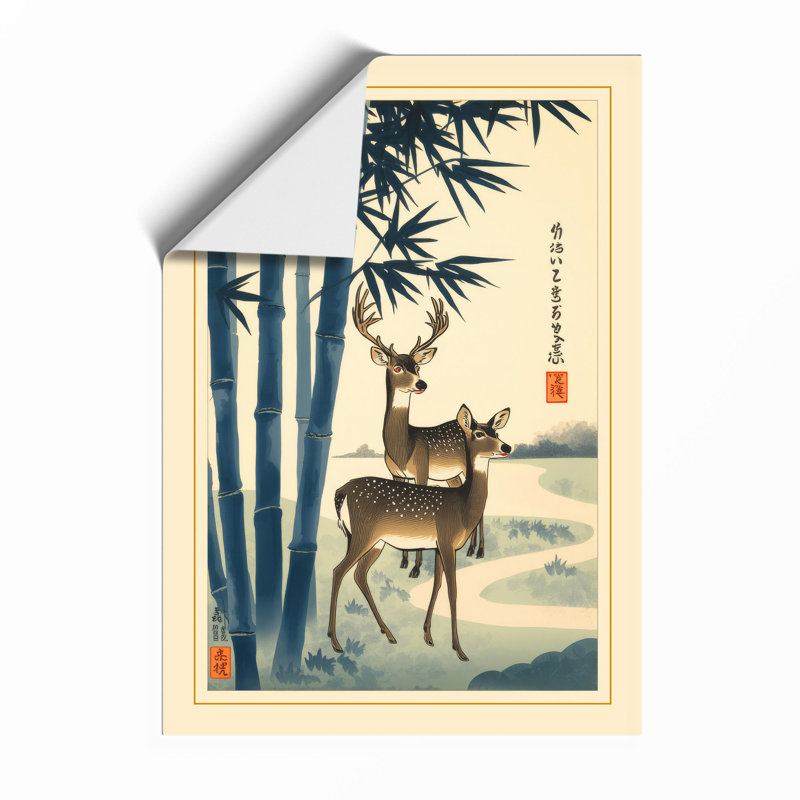 Deer Among Bamboo Japandi - Framed Print, Unframed, A2 - 59.4 x 42.0 cm