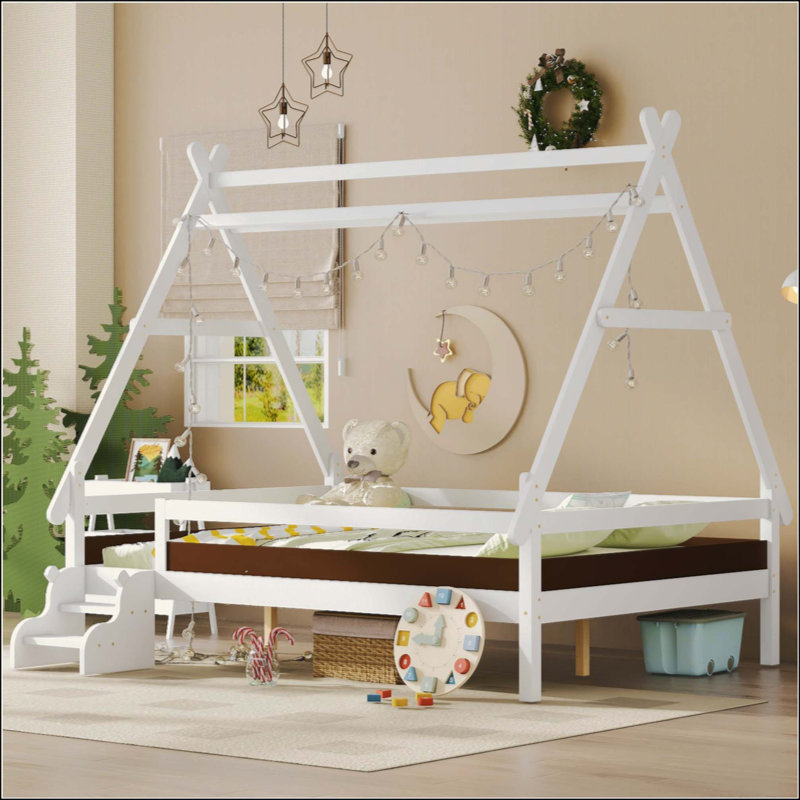 Lit plateforme House avec escalier, structure de lit en bois massif, profil bas et conception amusante pour enfants