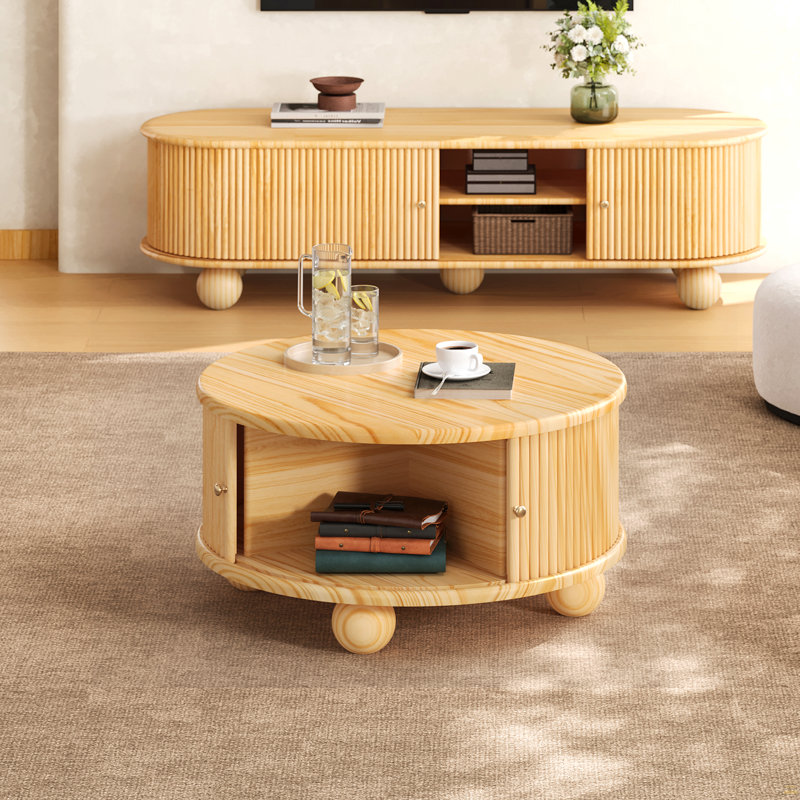 Table basse ronde cannelée avec rangement, bois massif de pin, porte coulissante, naturel, 31,8 po