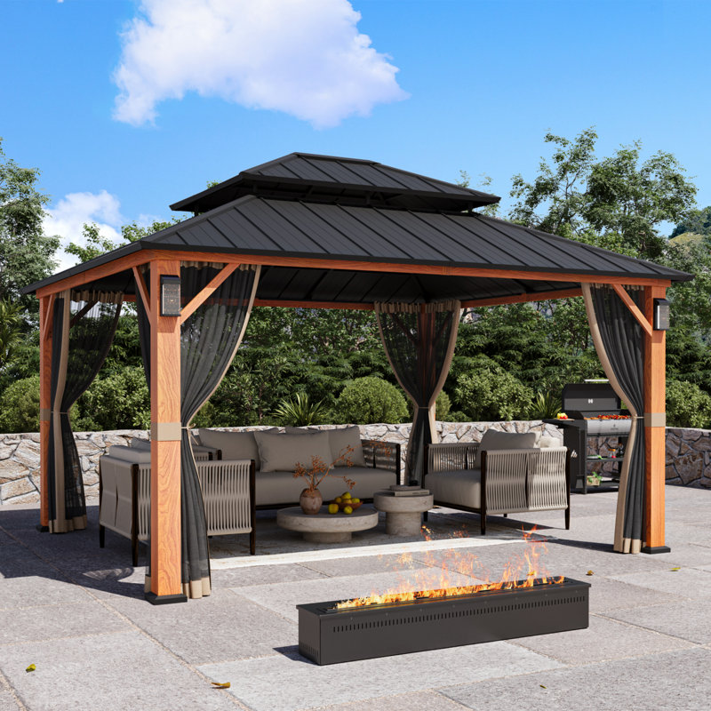 Hamilton 12' x 14' Hard Top Gazebo With Solar Self Powered LED Lights, Mosquito Netting And Canopy Hook, Wooden Grain