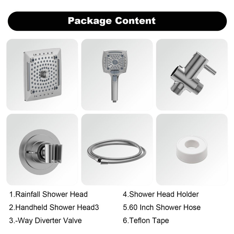 Handheld Shower Head With 60-Inch Hose, Rainfall Shower Combo, Adjustable Dual Showerhead Set With 3-Way Diverter (Shower Arm Not Included)