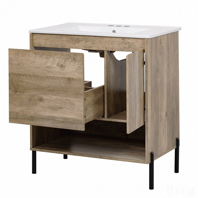 Meuble-lavabo moderne en bois de 30 po, armoire de rangement avec lavabo en céramique, armoire simple avec portes et tablette ouverte