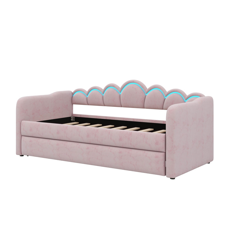 Lit de jour simple rembourré de taille XL avec lit gigogne et éclairage DEL, lit gigogne réglable, Rose