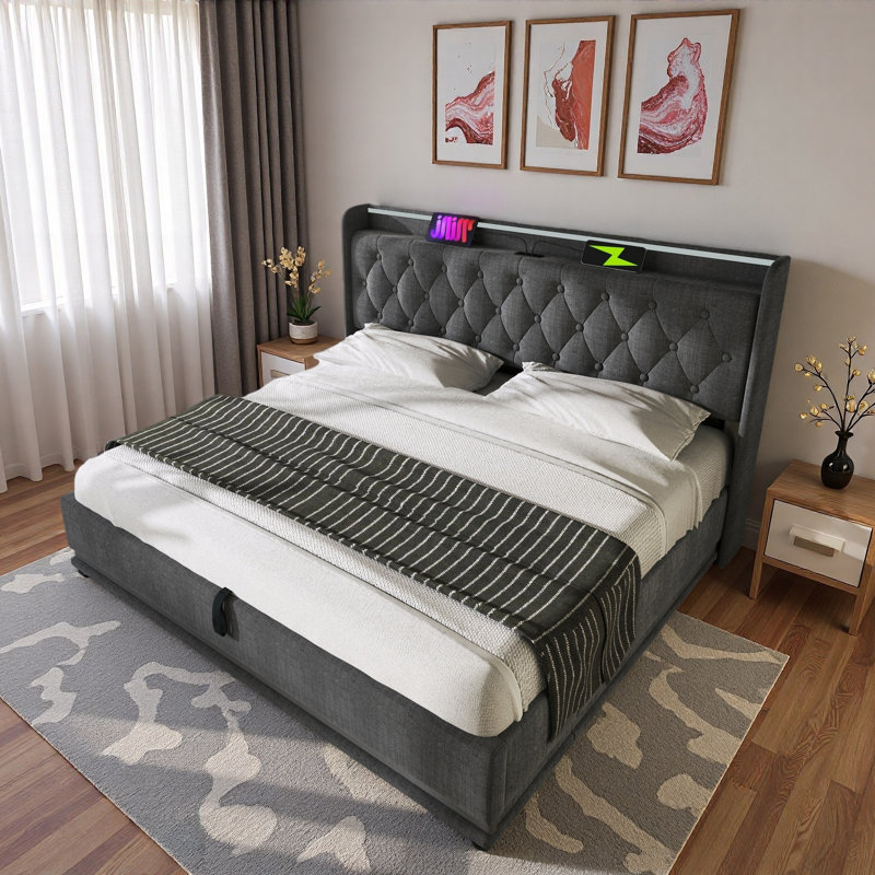 Lit tapissier avec DEL, rangement hydraulique et charge USB Type-C, Très grand lit