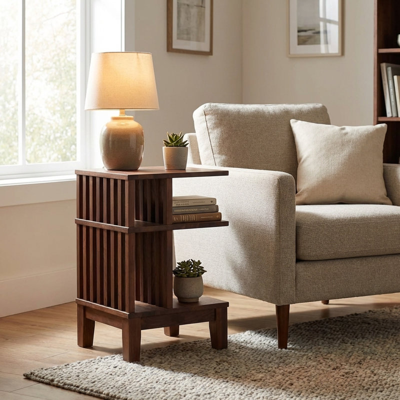 Table de chevet en bois de noyer foncé | Table d'appoint avec tablette d'appoint