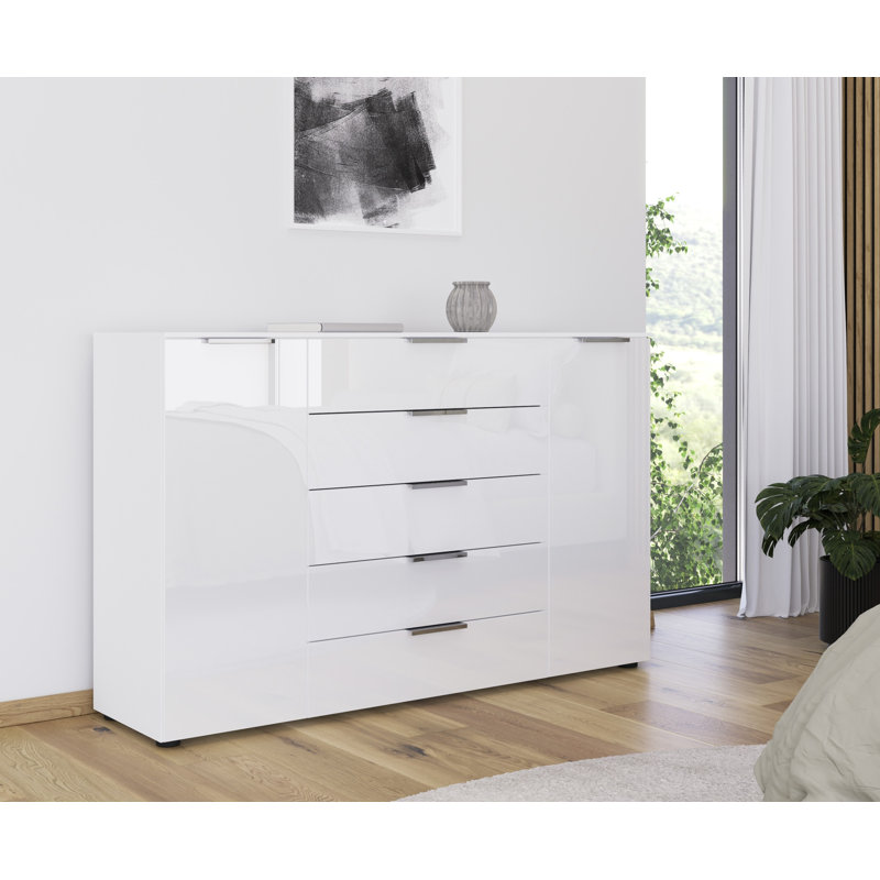 Flipp 5 Drawer 160Cm W Combo Dresser, Alpine White/White Glass/Chrome