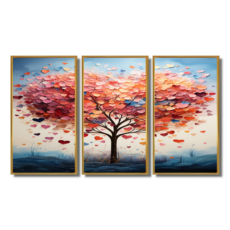 «Blossoming Pink Heart Tree», ensemble de décorations murales, Cadre flottant doré, H 32 po x l 48 po x P 1 po