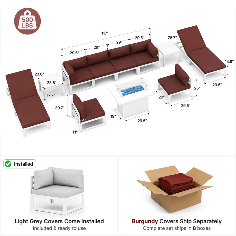 Ensemble de meubles de patio en aluminium 11 pièces avec table de feu et ensemble modulaire d'extérieur pour conversation avec chaises longues de patio 11 pièces