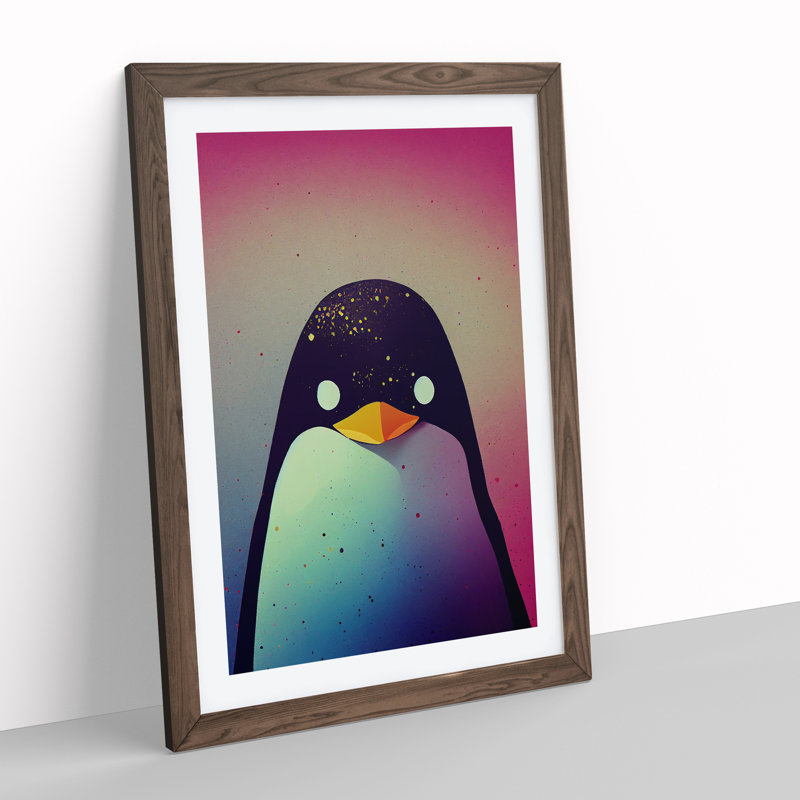 Penguin In Colour No.3 - Print, Walnut Picture Frame, White, 64cm H x 46cm W