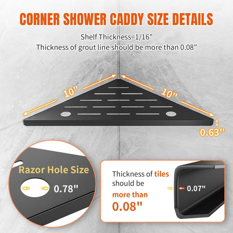 Étagères de coin de douche de 25 cm (10 po), ensemble de 2, pour mur carrelé, noir, Black