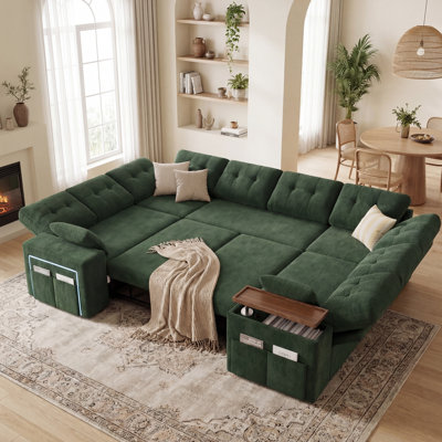8-Seater Large Sectional Sofa Bed With Storage Lovescat, Chenille Modular Sleeper Sofa With 2 Pillows, 112" U-Shaped Convertible Couch For Large Living Room