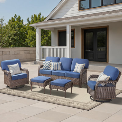 Ensemble de meubles de patio 5 pièces de luxe avec coussins de 5 po d'épaisseur avec ensemble de conversation en osier avec chaises berçantes pivotantes à dossier haut pour terrasse et bord de piscine