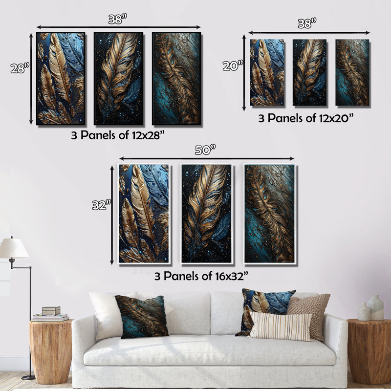 «Gold Feather Glamour», 3 pièces sur toile, Toile tendue, H 40 po x l 60 po