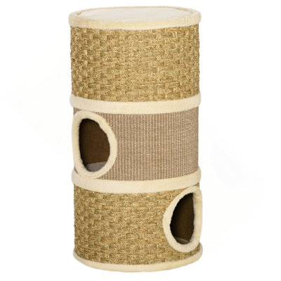28 Inch Cat Condo, 3 Storey Cat Hideaway With Sisal Scratching Pad, Barrel Shaped Small Cat Tree For Indoor Cats