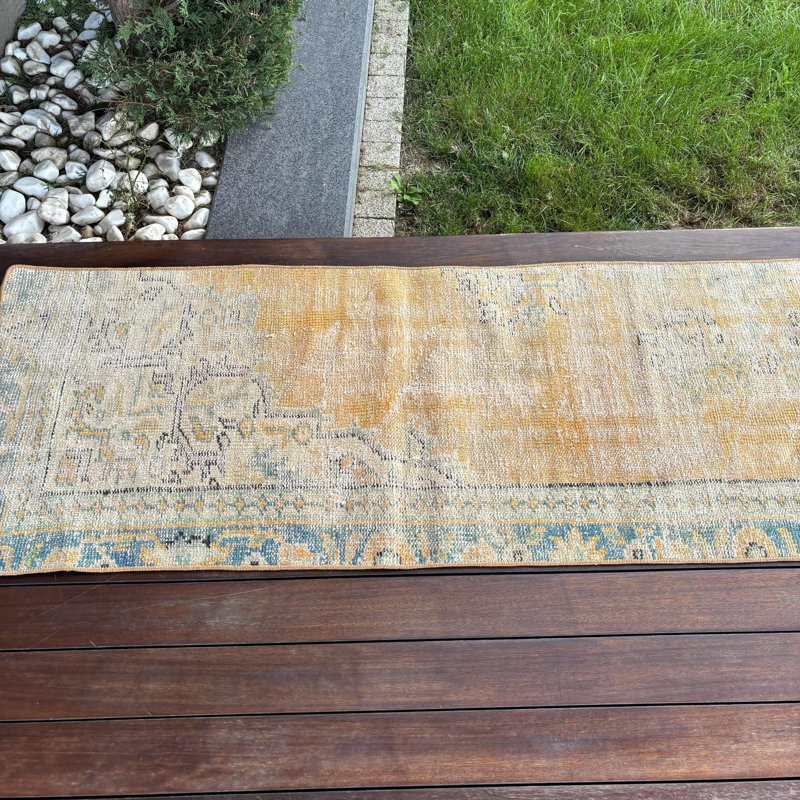 Hand-Knotted Turkish Wool Rug in Vintage Style Ideal for Small Spaces and Door Mat with Brown Tones
