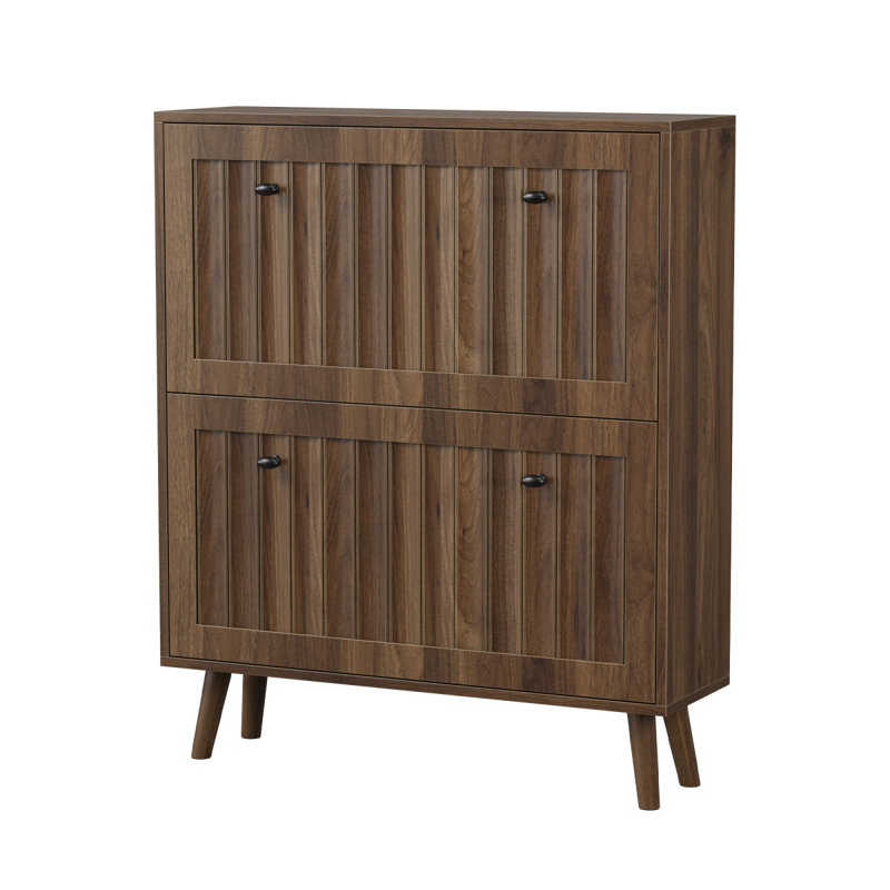 Medieval-Style Modern Shoe Cabinet, Upright Shoe Storage Unit With Vertical Grooved Finish, 31.5-Inch Walnut-Colored Shoe Cabinet, Suitable For Hallways, Passageways And Entrances.