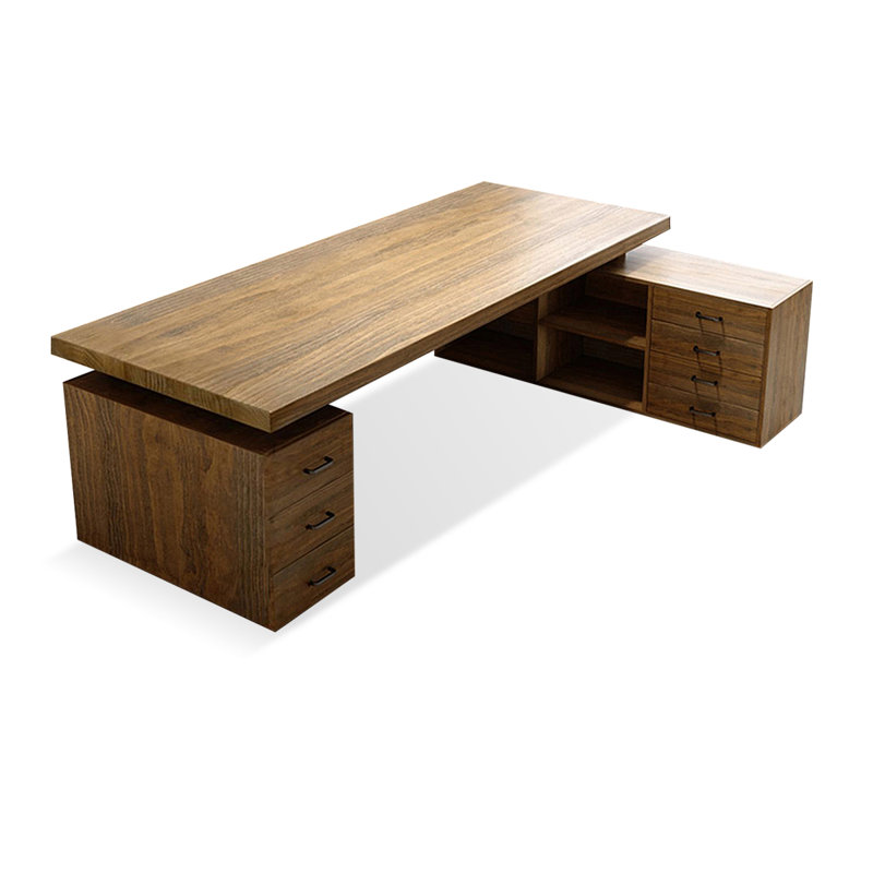 Bureau en bois massif en L de couleur noyer clair avec 7 tiroirs, Oui, H 29,53 po x l 86,61 po x P 31,50 po
