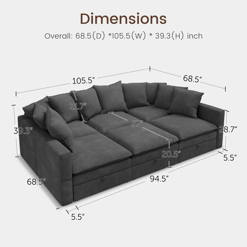 Canapé modulaire rembourré avec rangement Cloud, Grey Corduroy