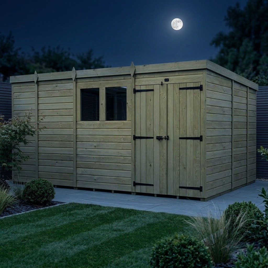 Total Sheds 13ft x 9ft Pent Garden Shed - Double Door - With Windows - Pressure Treated Timber - UK Manufactured
