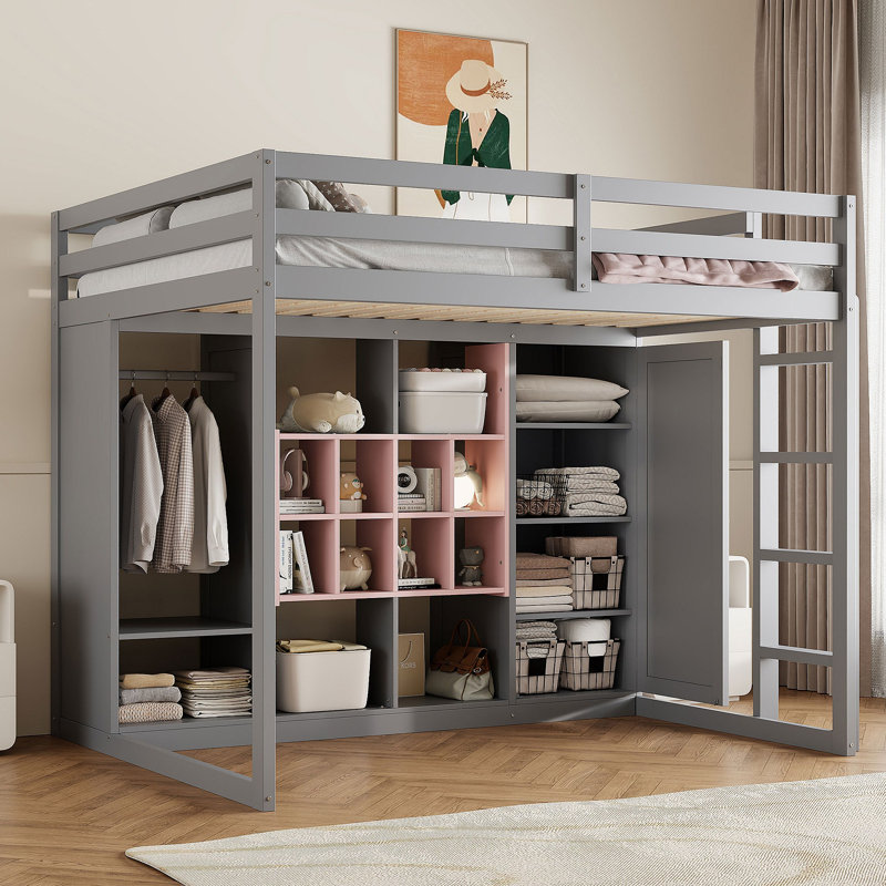 Lit mezzanine en bois avec garde-robe, tablettes et armoire, Pink/Grey, Lit double