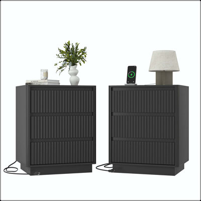 Set of 2 End Tables with Fast USB-C Charging Station and 3 Drawers – Black