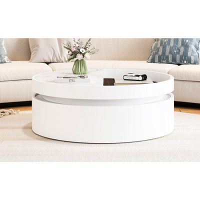 Table basse à plateau rond blanc avec 1 tiroir, 29,5 pouces, marbre et plateau en grain de bois pour une vie moderne