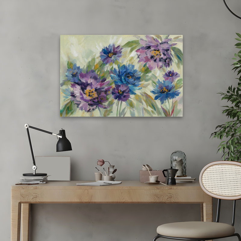 Fleurs audacieuses bleues et lavande - fleurs bleues vertes, H 24 po x l 16 po