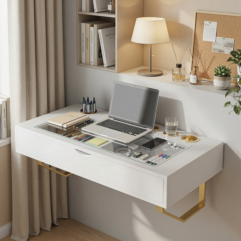 Floating Vanity Makeup Table, 31 Inch Wall Mounted Desk For Bedroom Dressing Room, Vanity Shelf With Drawer, White